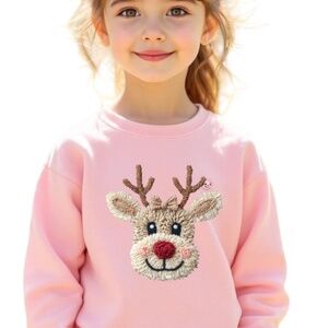 Christmas T-shirt Fluffy Faux Chenille Reindeer long sleeve Pink 2T - XL Custom